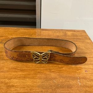 Vintage Leather etched belt with Bronze Butterfly